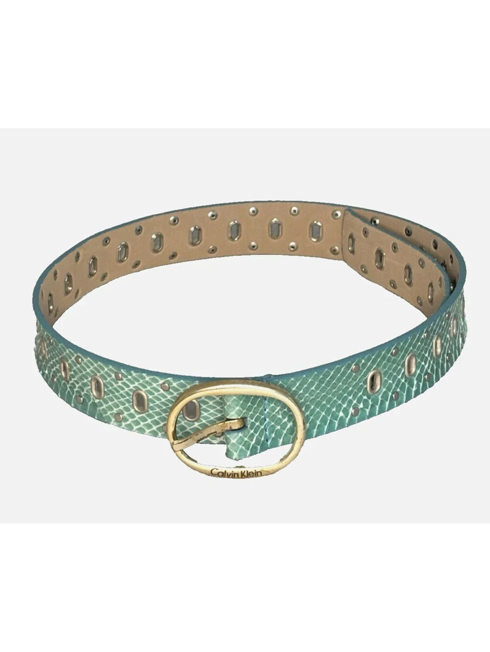 Vintage 1990's Calvin Klein Teal Snakeskin Oval Eyelets Belt 39